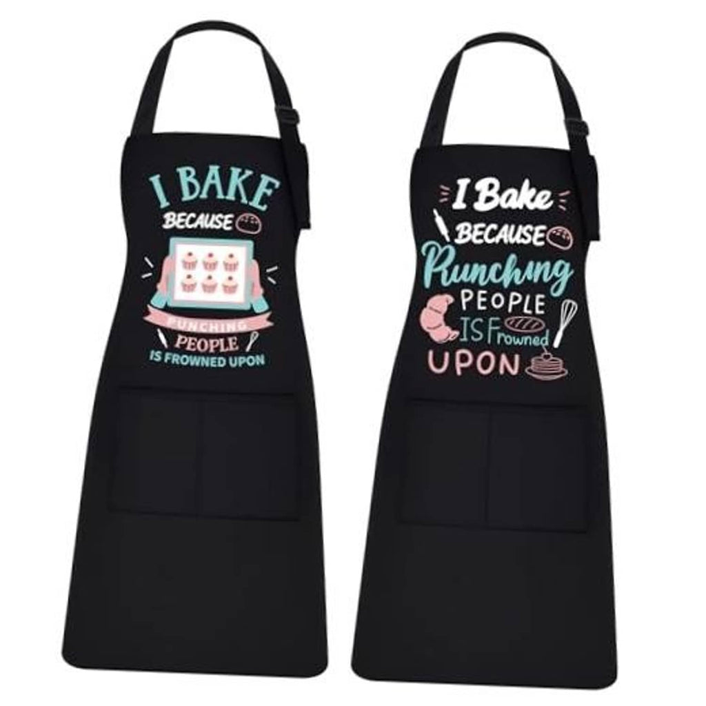 Black baking apron with colorful I Bake slogan graphic, front pocket, and neck strap
