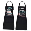 Black baking apron with colorful I Bake slogan graphic, front pocket, and neck strap