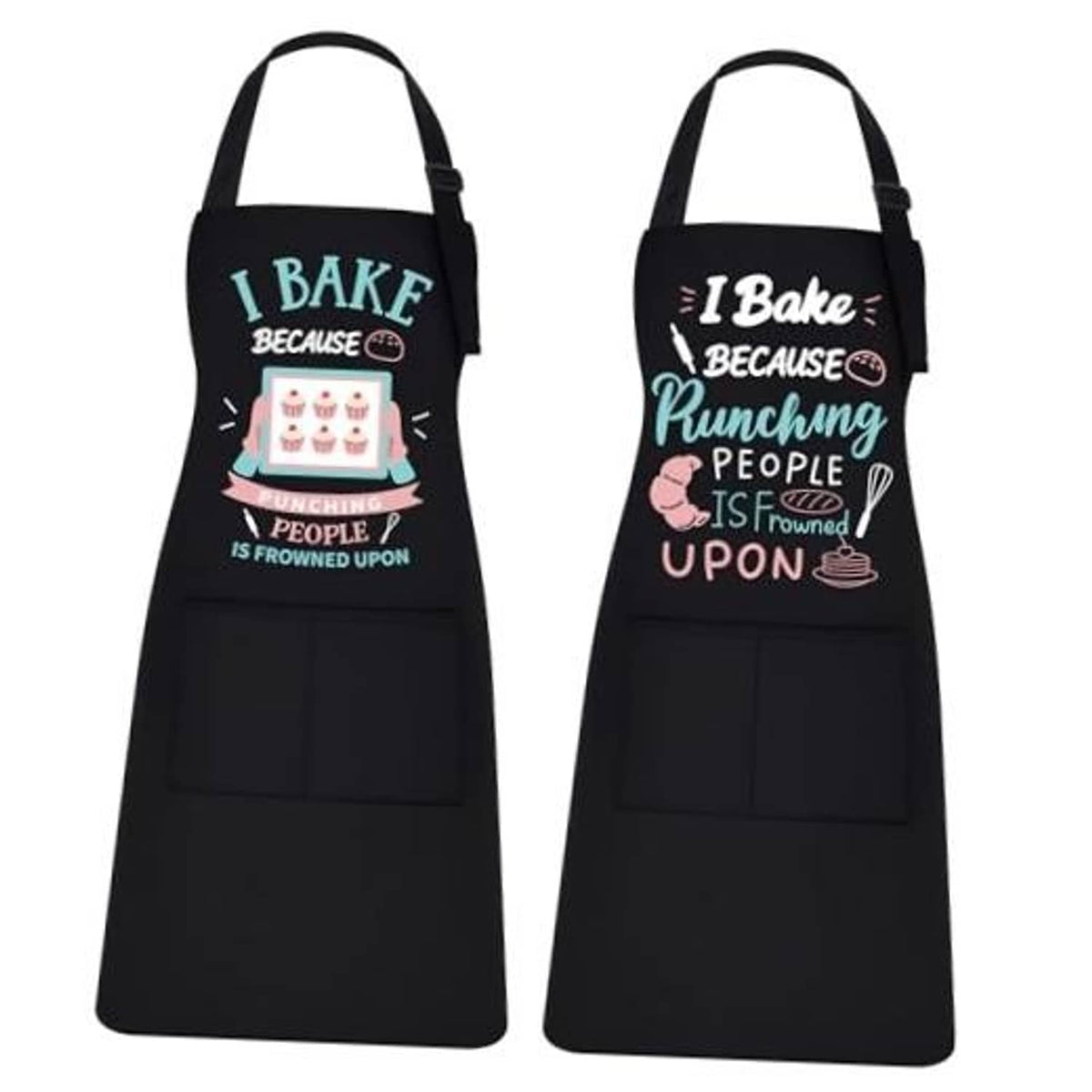 Black baking apron with colorful I Bake slogan graphic, front pocket, and neck strap