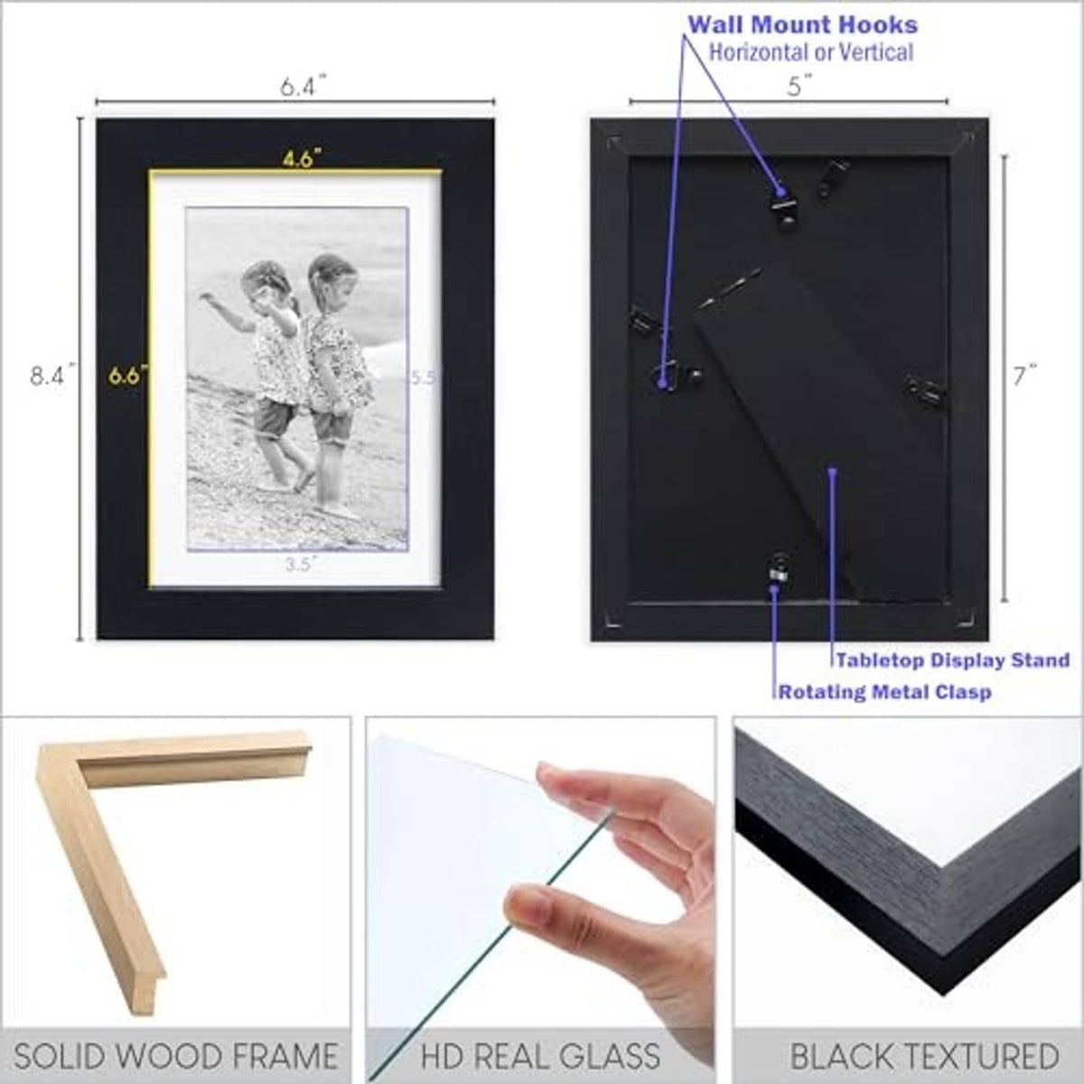 Black wood picture frame with mounting hardware and measurement diagram for sizes