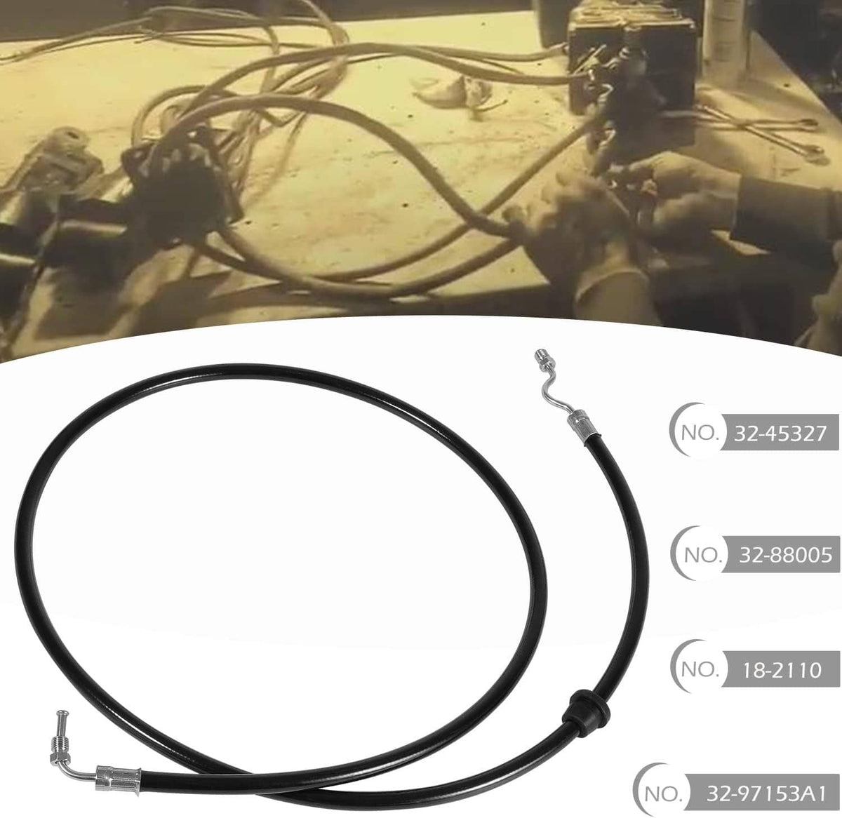 Black marine power trim hose assembly with metal end connectors and curved routing
