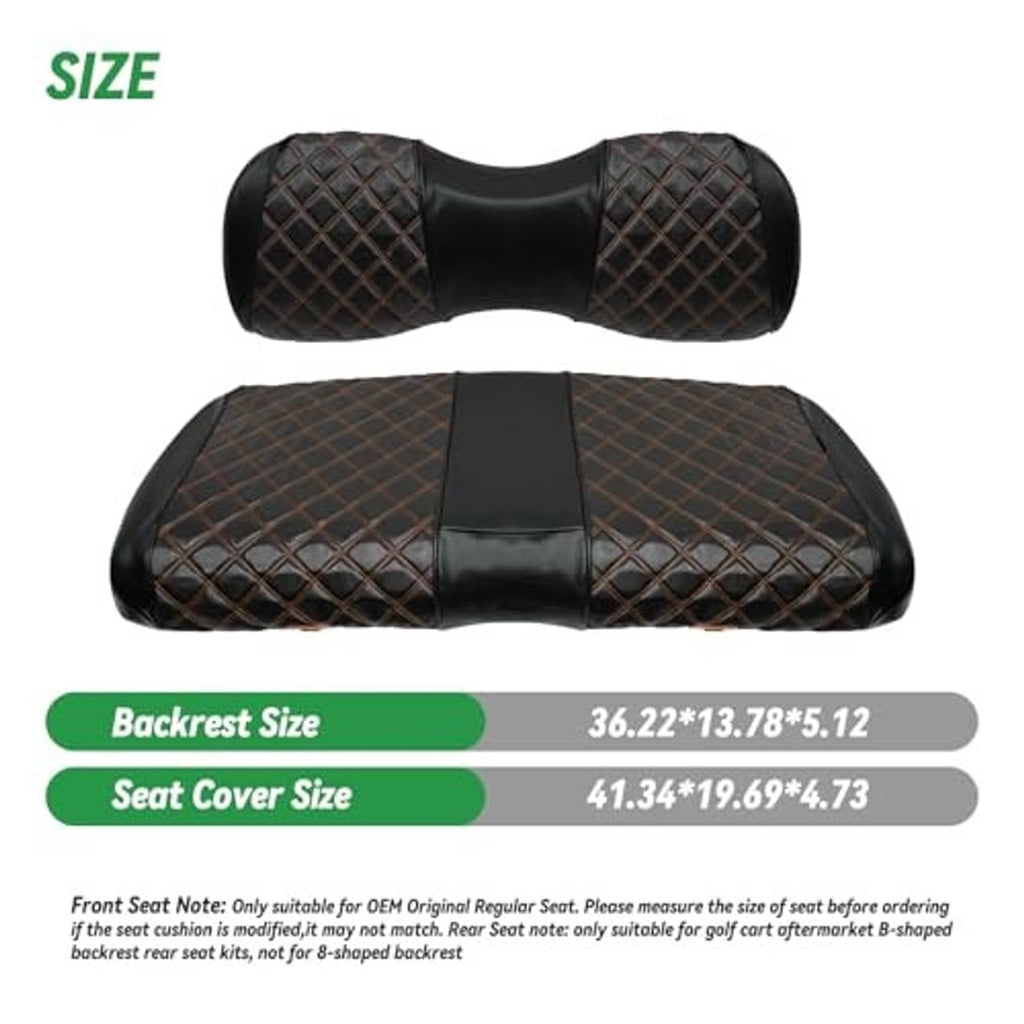 Golf cart seat cover set with black diamond quilted backrest and seat cushion, brown accents