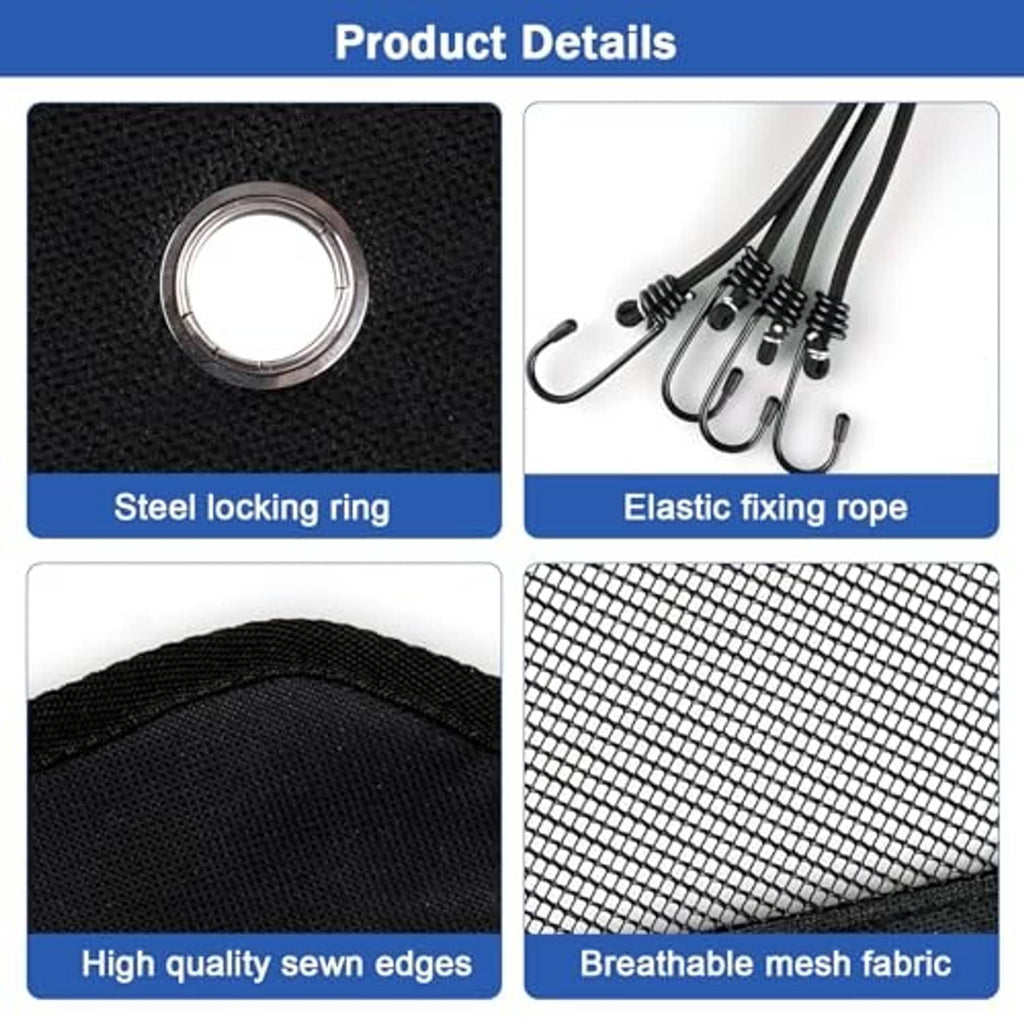 AC cover details: steel locking ring, elastic fixing ropes, sewn edges, breathable mesh
