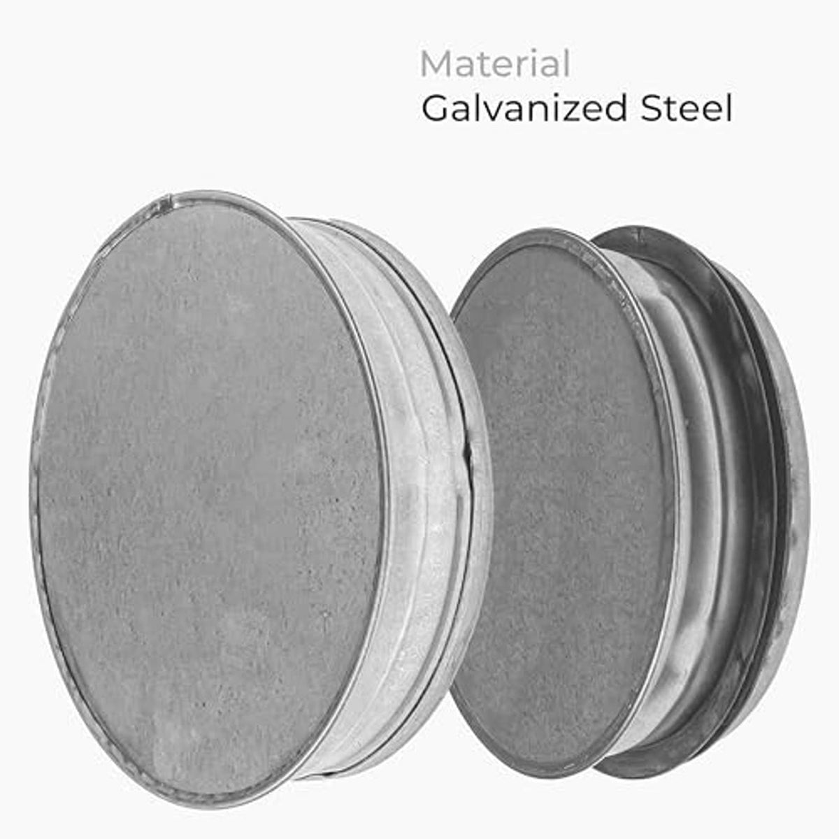 Set of galvanized steel duct end caps, flat round covers with ridged seams