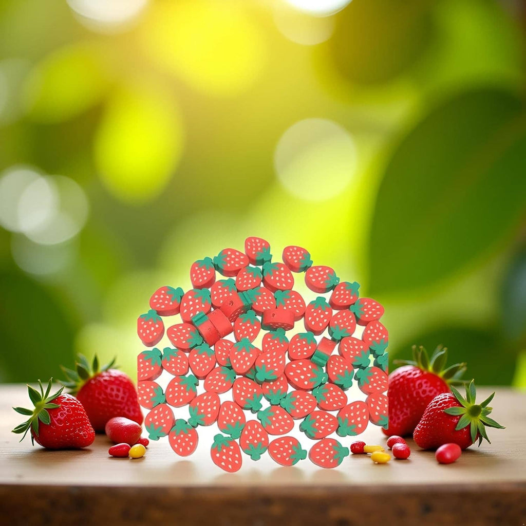 Strawberry-shaped polymer clay beads clustered on a surface, red with green tops.
