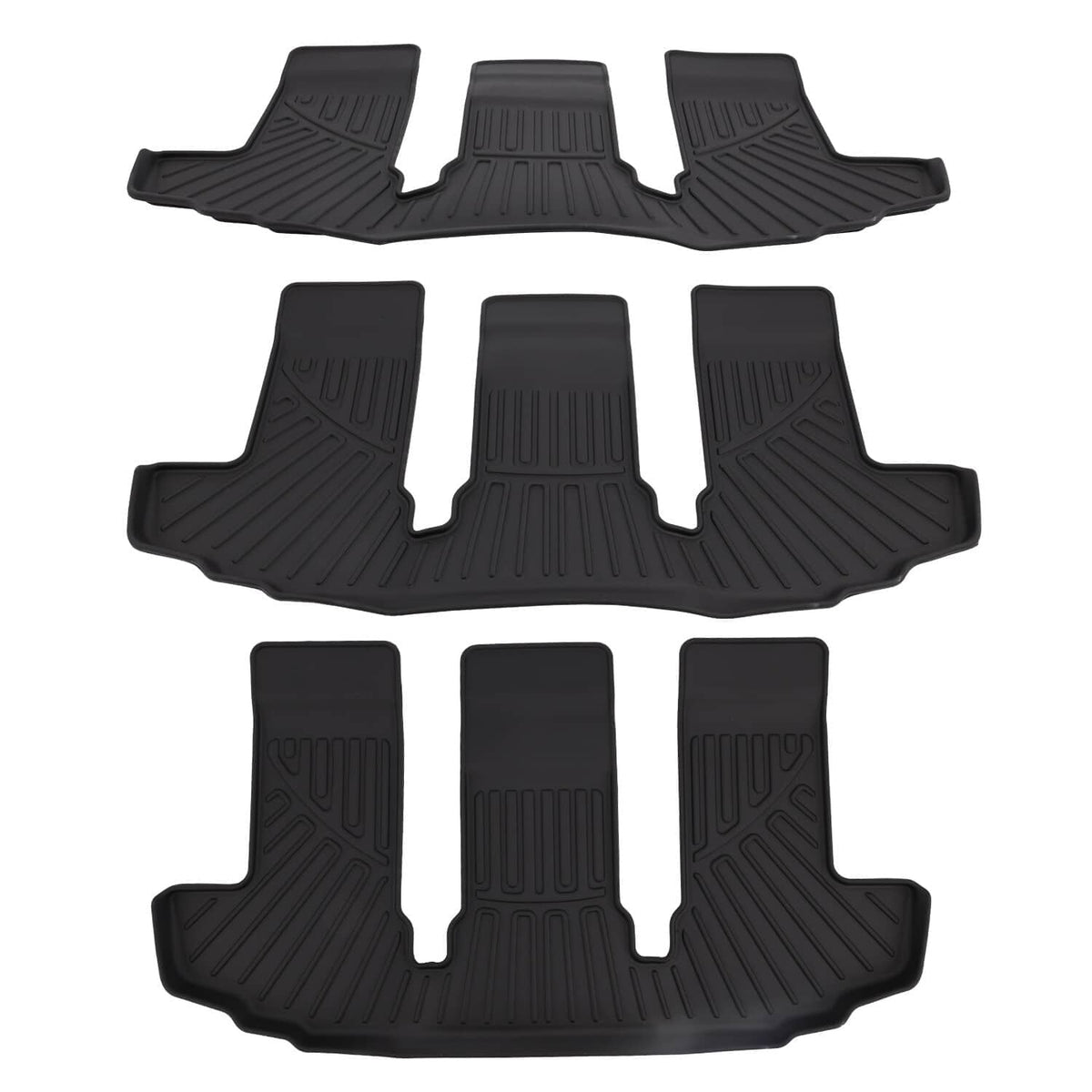 Three-row black molded floor mat set with raised edges and ridged tread
