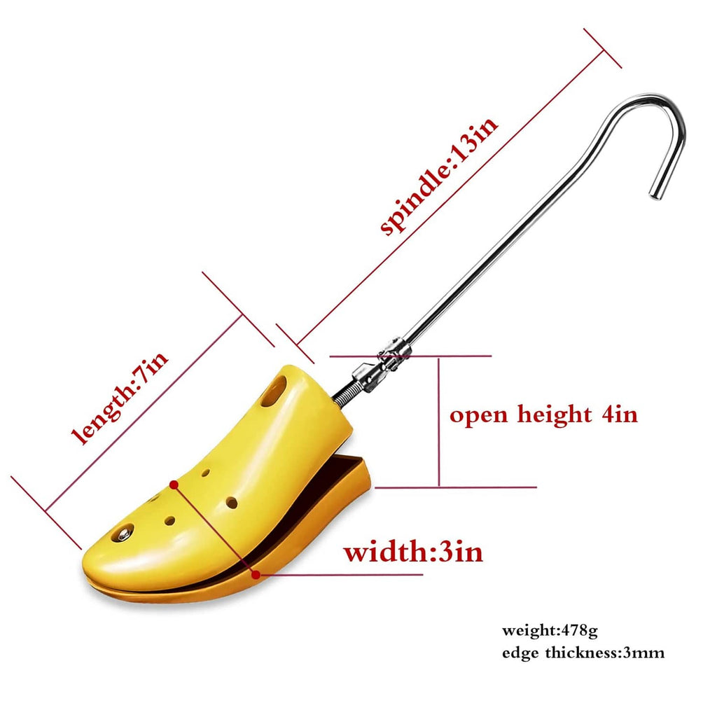 Yellow boot stretcher with metal handle, with size measurement labels