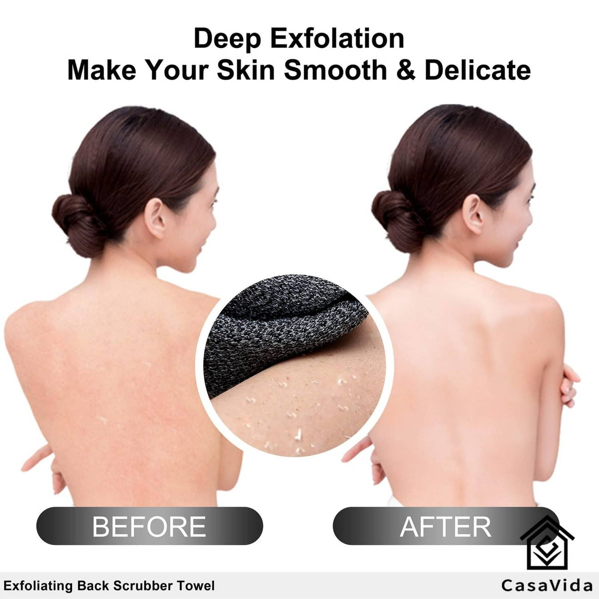 Textured dark gray exfoliating back scrubber towel for gentle smoothing