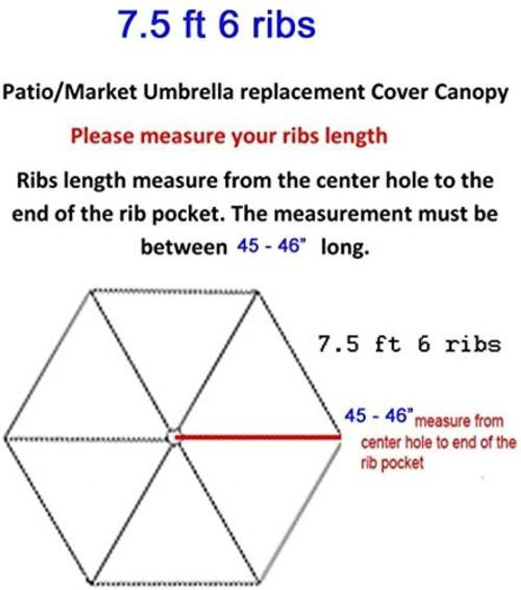 Umbrella canopy size guide showing 7.5 ft length for 6 ribs