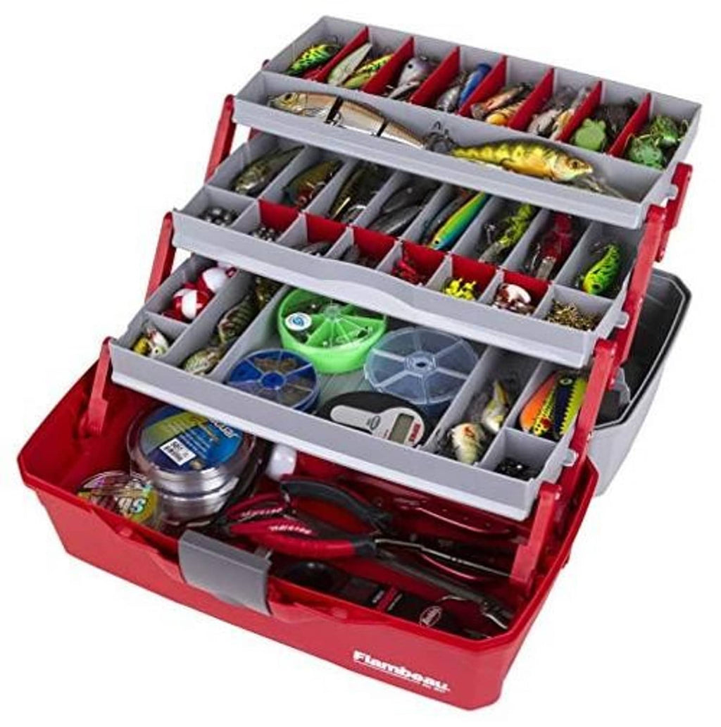 Open red and gray 3-tray tackle box with gray trays filled with colorful lures