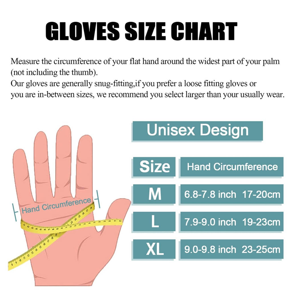 Unisex black knit gloves with size chart graphic and ribbed cuff label