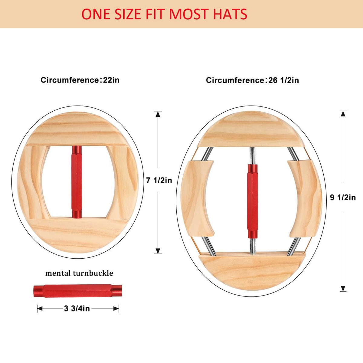 Wood hat stretcher with red vertical bar and metal clamps, size guide view