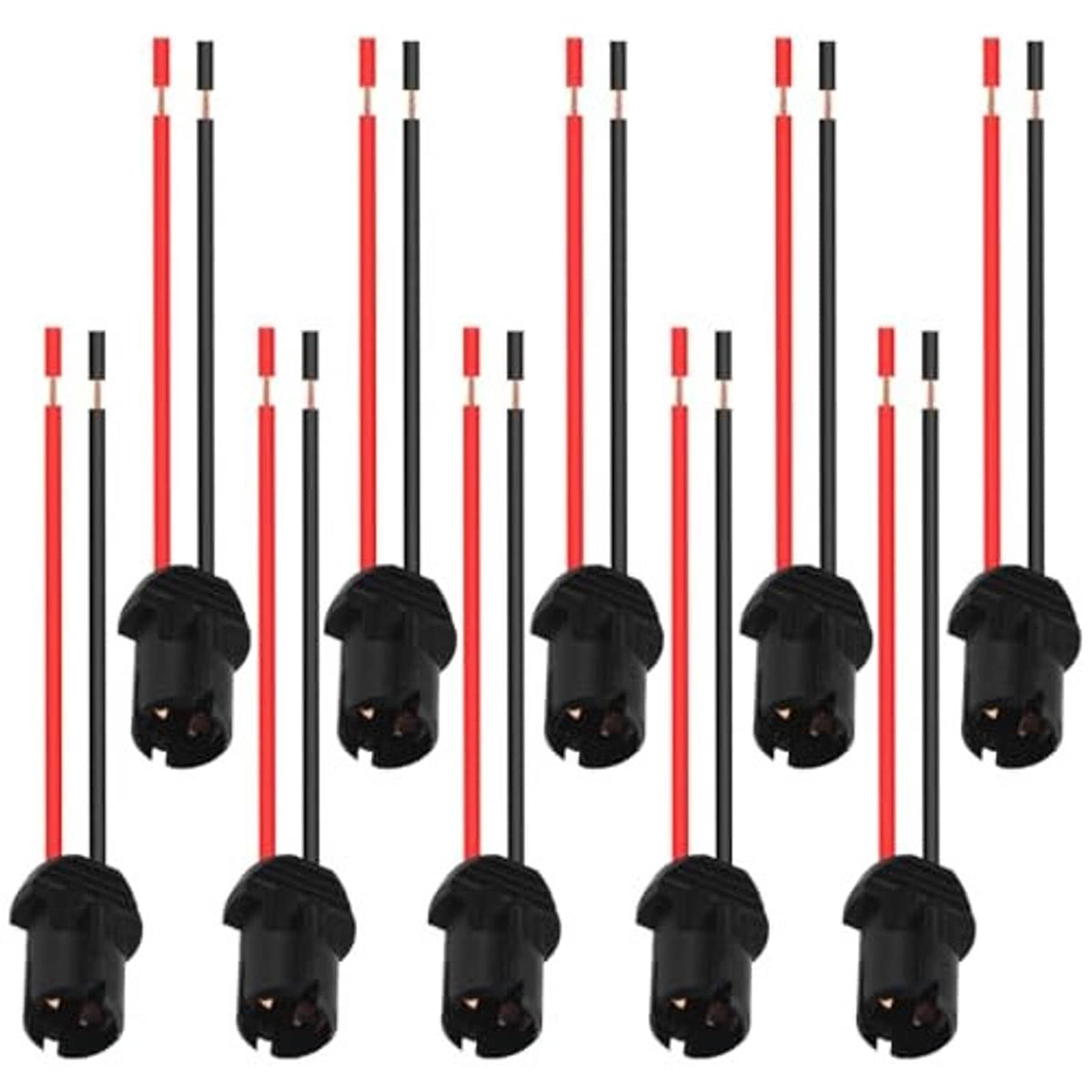 10-pack of pre-wired LED bulb female socket connectors with black housings and red/black wires