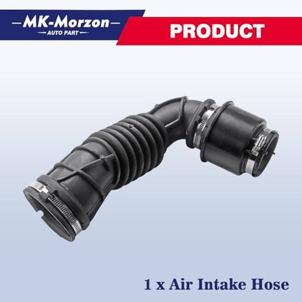 Long black air intake hose with ribbed section and metal band clamp on each end