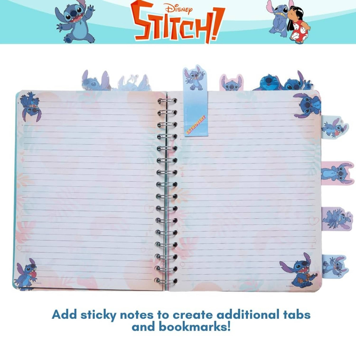 Open Stitch lined spiral journal with blank pages and purple-blue character sticky tabs.