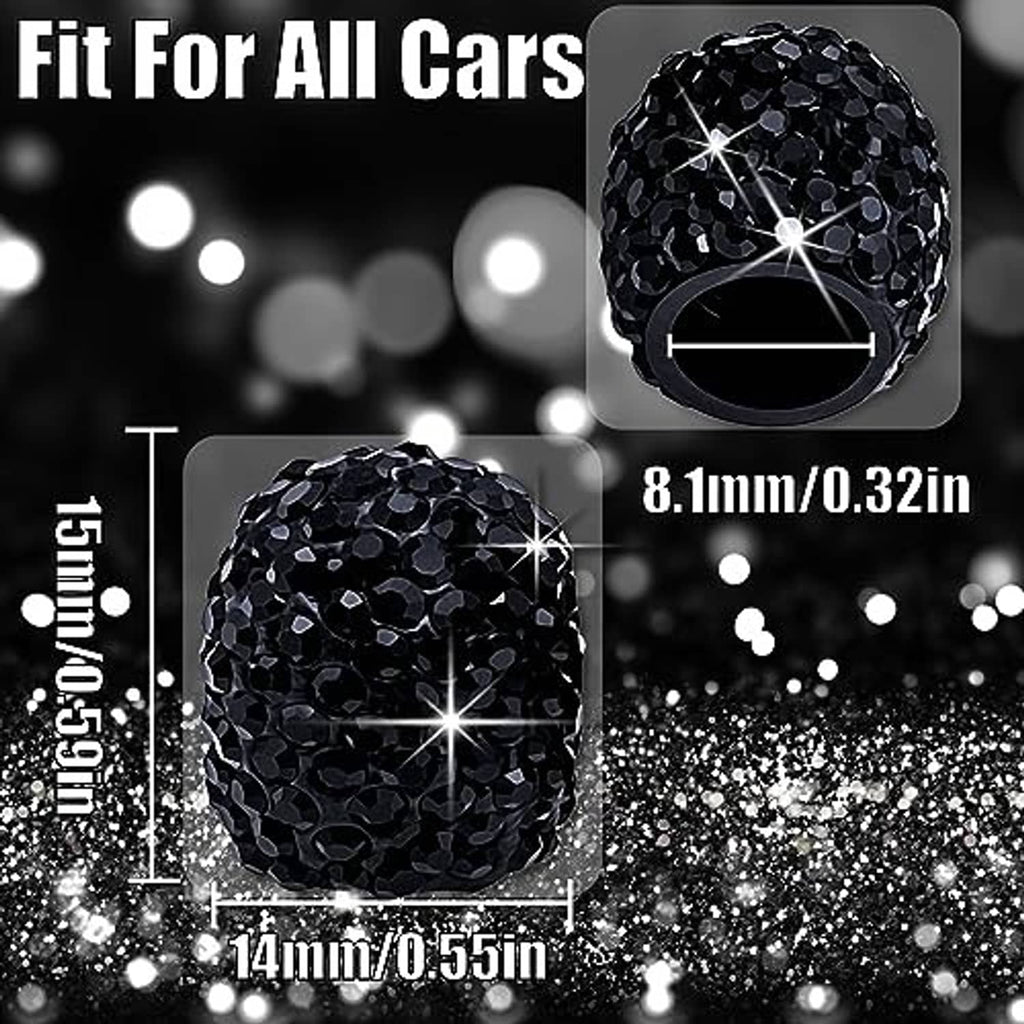 Black rhinestone tire valve cap with star-like crystal shine, open end visible
