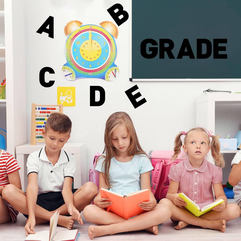 Classroom wall display with vinyl letter stickers A, B, C, D, E