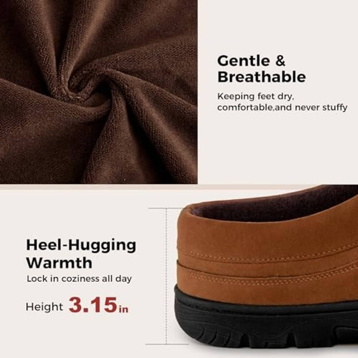 Close-up of tan moccasin slipper heel and textured rubber sole