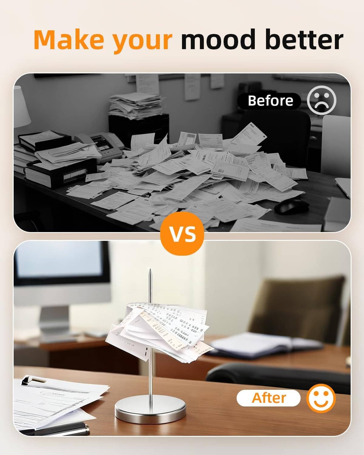 Stainless steel desk receipt holder with round base holding stacked memo papers