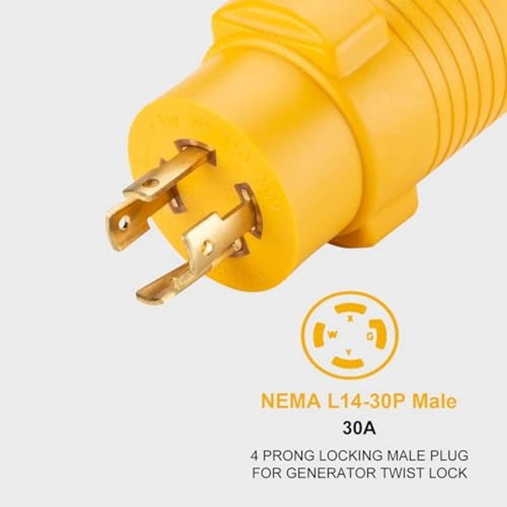 NEMA L14-30P male plug, yellow twist-lock style connector with 4 prongs