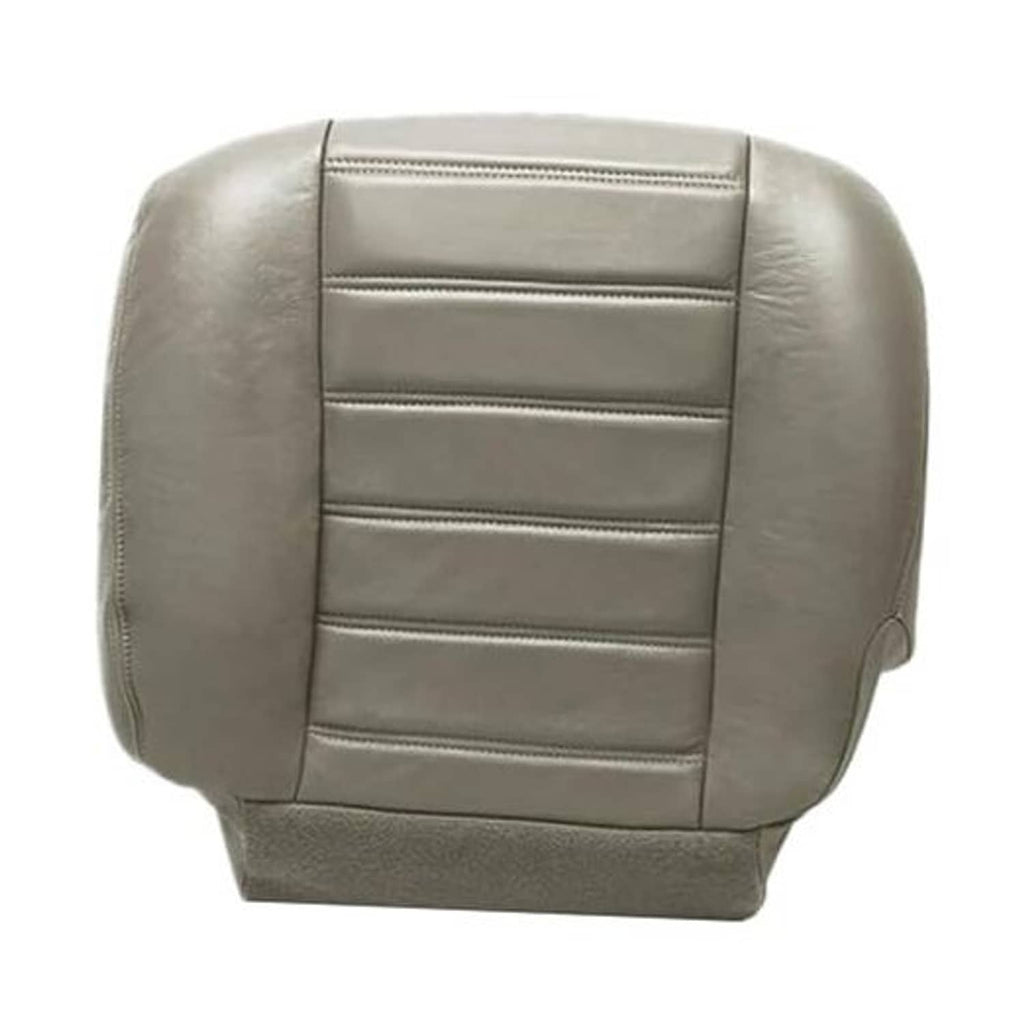 Gray synthetic leather seat cover with horizontal stitched paneling on the backrest