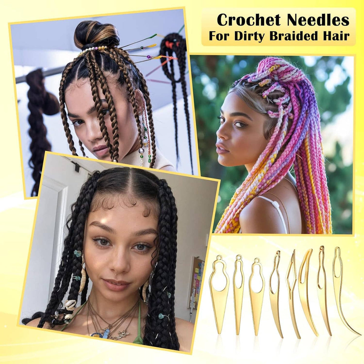 Gold crochet needle set for dreadlocks, 8 tools with oval loop heads and curved hooks