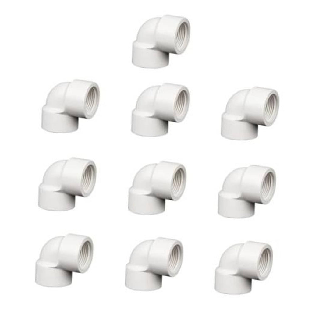 Set of white PVC 90° elbow couplings with FIPT threads, 1-inch size.