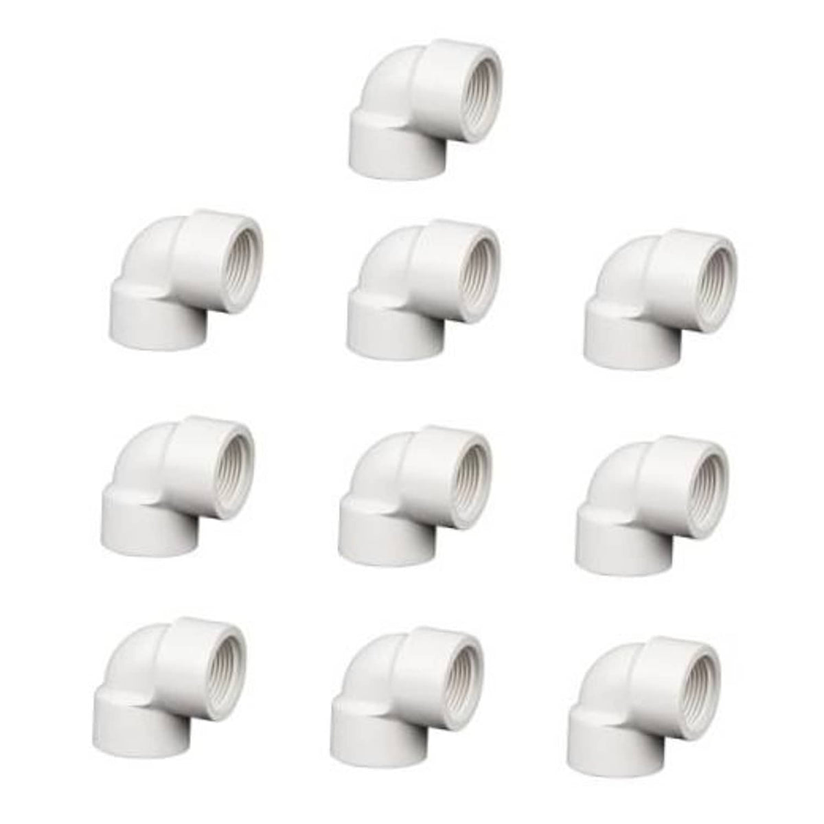 Set of white PVC 90° elbow couplings with FIPT threads, 1-inch size.