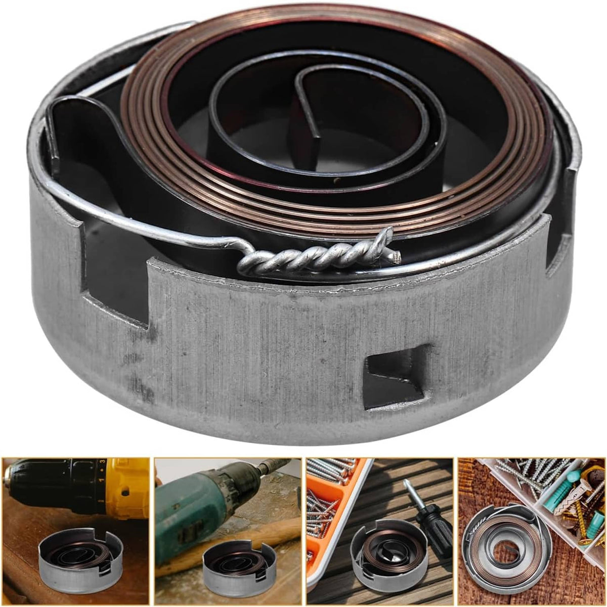 Drill press return spring coil inside metal housing with retention loop