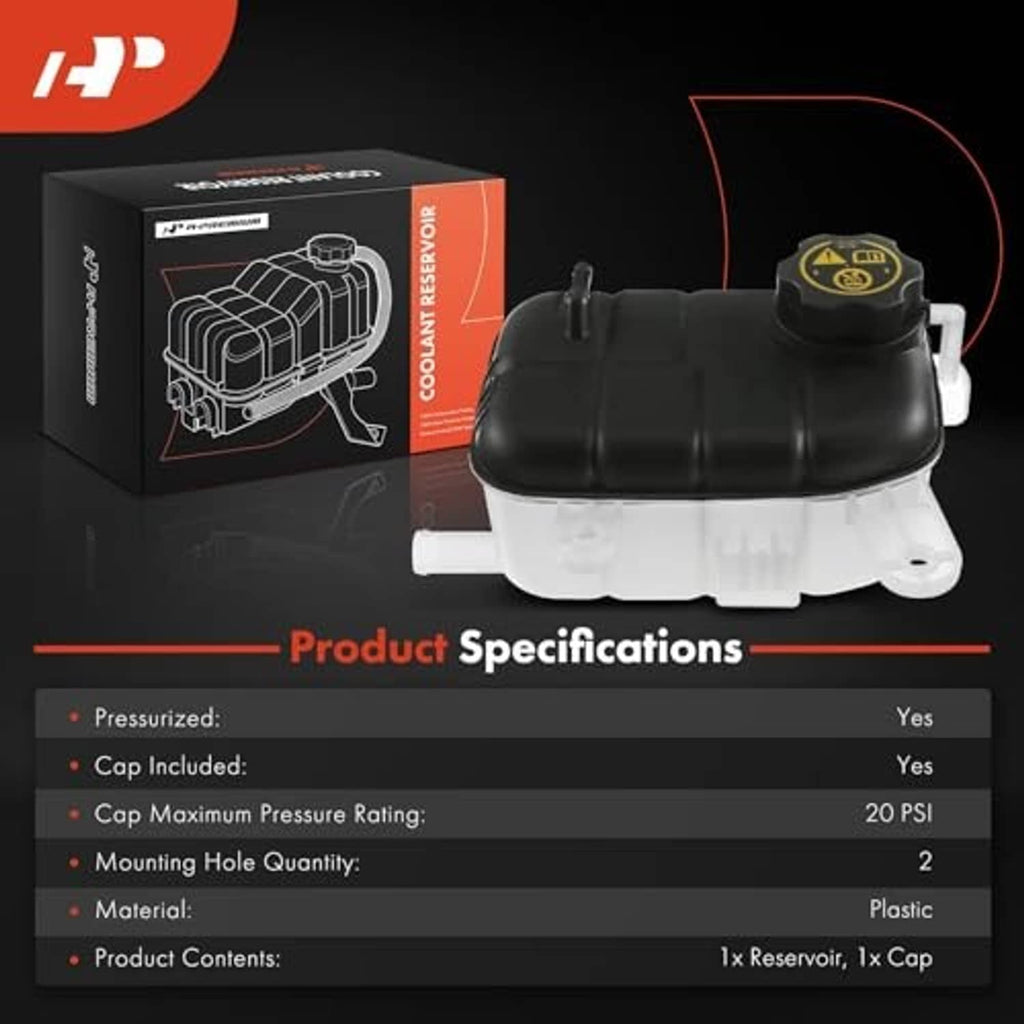 Coolant reservoir tank with black cap and side mounting spout, white base