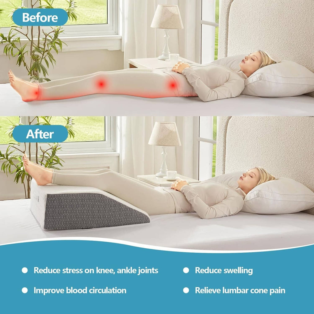 Grey and white leg wedge pillow for elevating legs on a bed