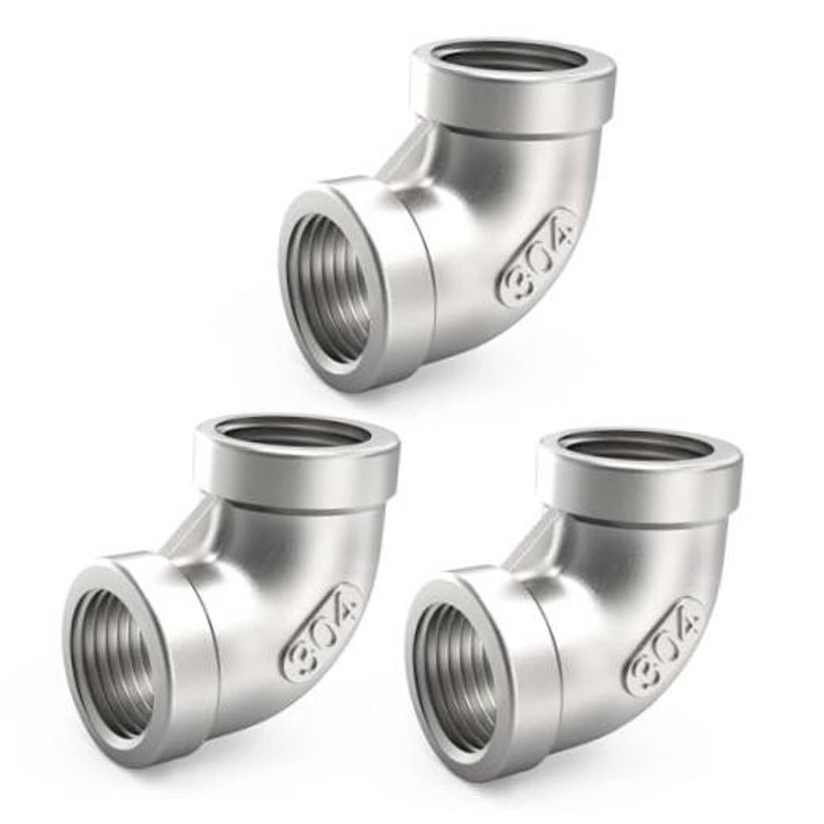 Three-pack 304 stainless 90-degree elbow pipe fittings with female NPT threaded ends