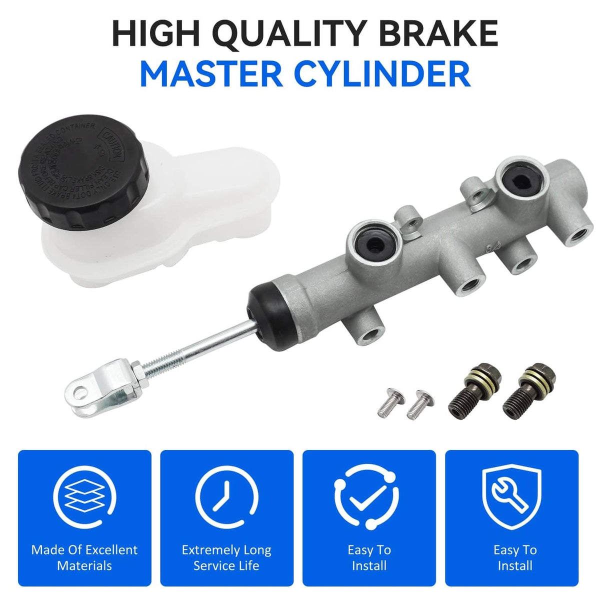 Brake master cylinder with black cap, mounting valve ports, and included hardware
