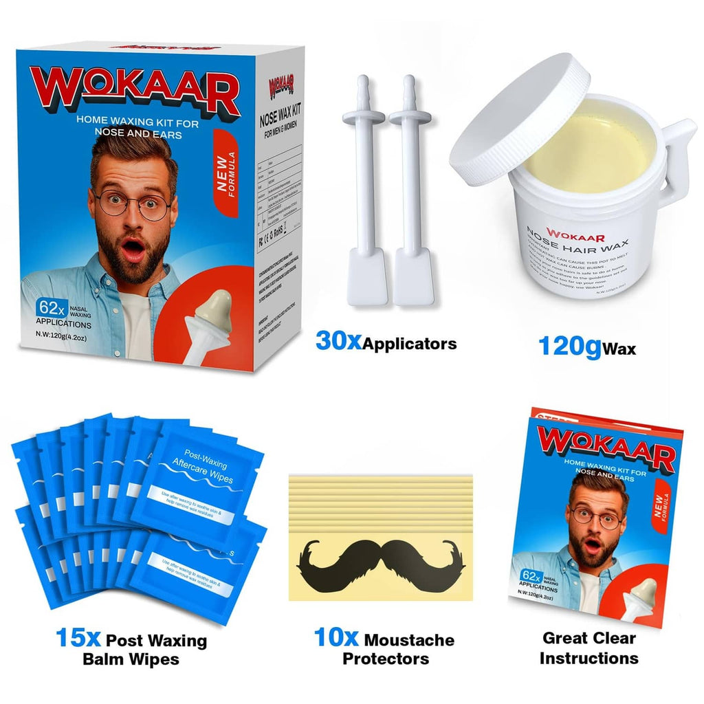 Nose wax kit bundle with box, 30 applicators, blue post-wax wipes, and instruction cards