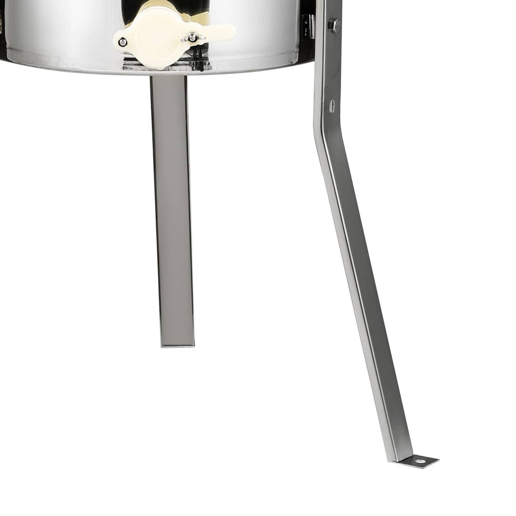 Stainless steel honey extractor stand with outlet valve and angled support legs