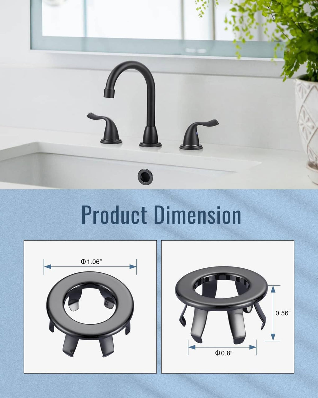 Black bathroom sink overflow ring with round center, three support feet, size diagram