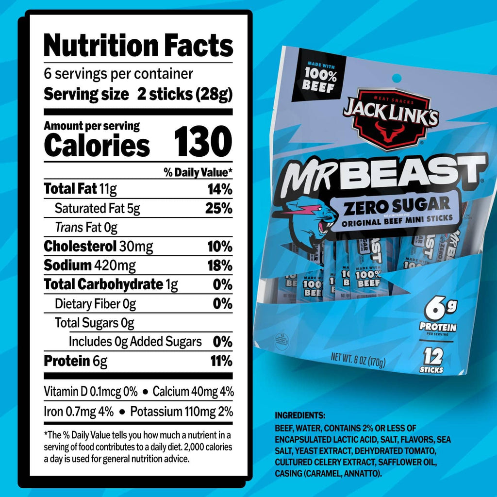 Nutrition facts panel for MrBeast zero sugar mini beef jerky sticks, 6 servings