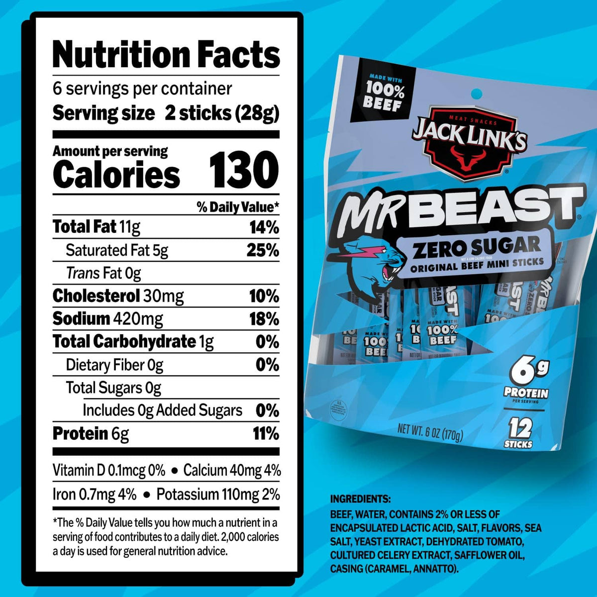 Nutrition facts panel for MrBeast zero sugar mini beef jerky sticks, 6 servings