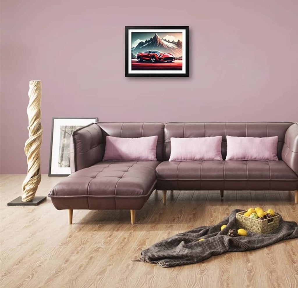 Framed wall art of red sports car on snowy mountain landscape