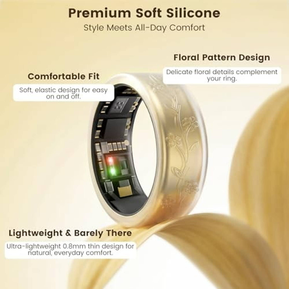 Floral silicone ring cover on ring, featuring a light daisy pattern