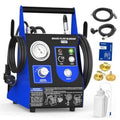 Blue electric vacuum brake fluid bleeder kit with gauge, control panel, hoses, and fittings