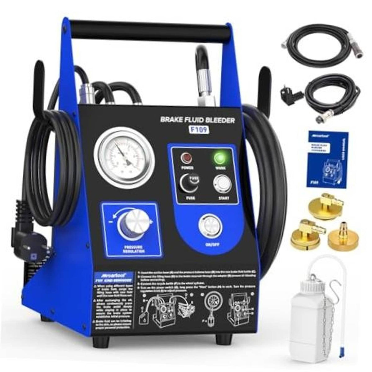 Blue electric vacuum brake fluid bleeder kit with gauge, control panel, hoses, and fittings