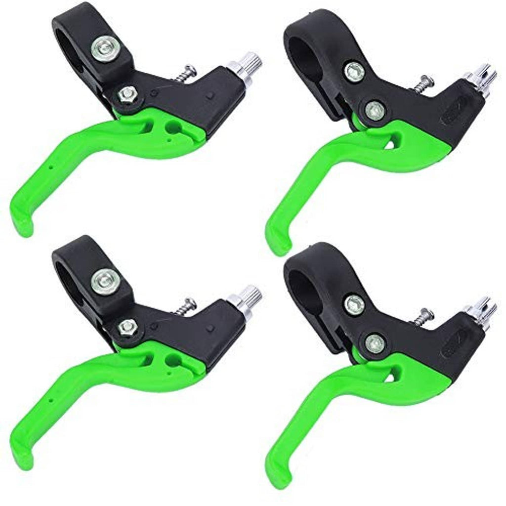 Four adjustable pinch brake levers with black mounts and bright green lever arms