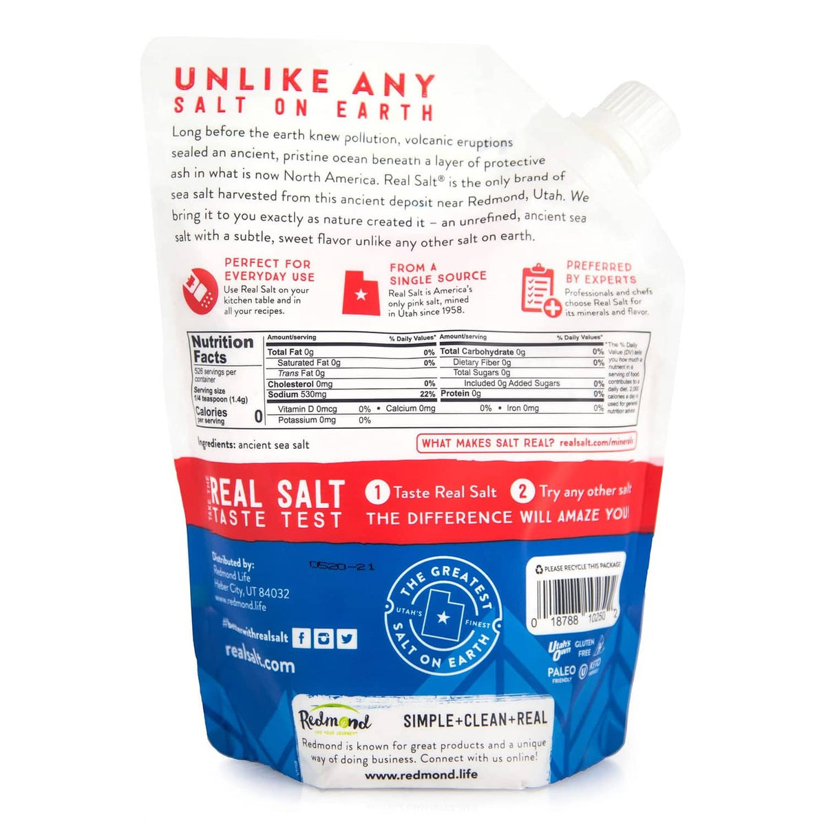 Redmond Real Salt fine sea salt pouch back label with nutrition and ingredients