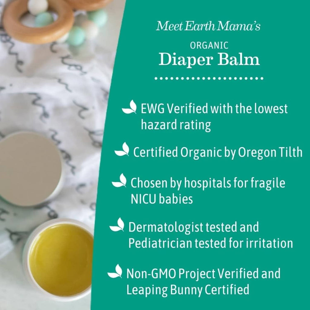 Organic diaper balm information panel with certifications and a jar beside