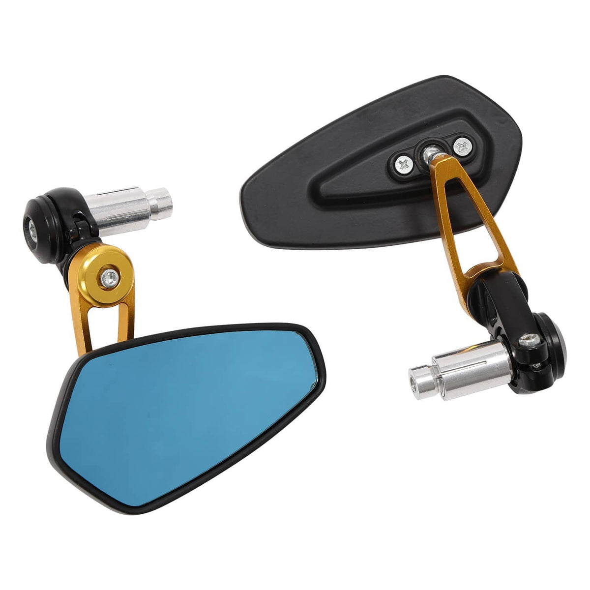 Motorcycle handlebar end mirrors, blue lenses with black mounts, gold brackets, 22mm