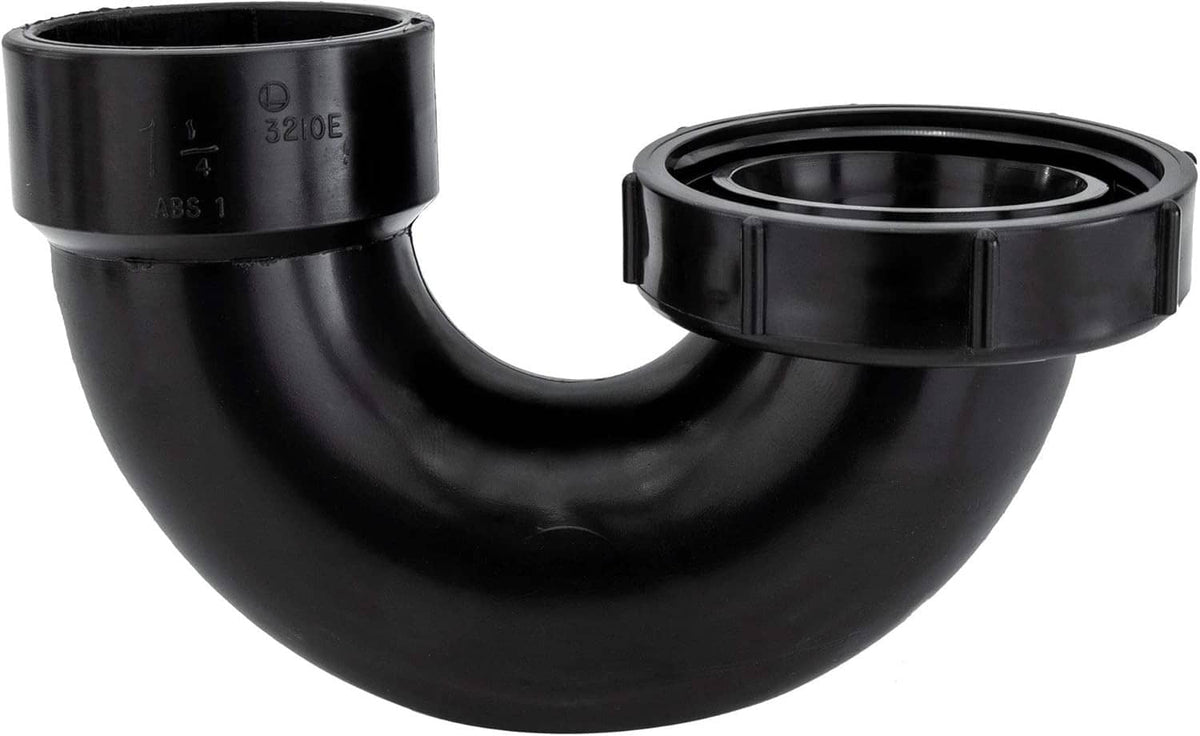 Black ABS P-trap U-bend with threaded top and slip connection ring
