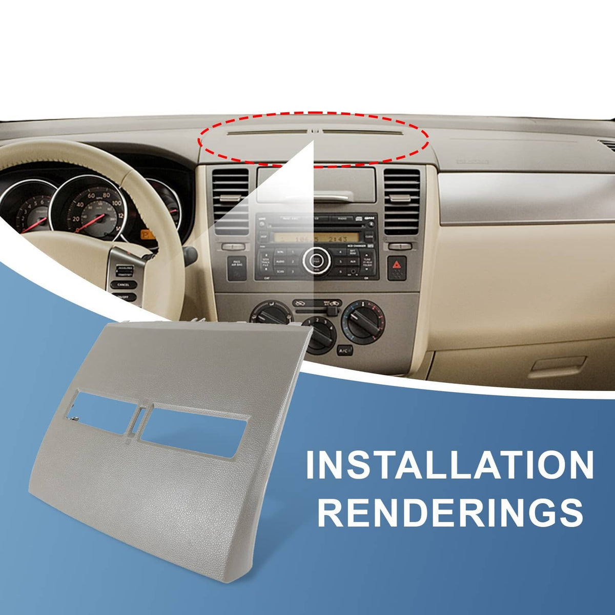 Gray dash bezel lid installed over center instrument panel opening
