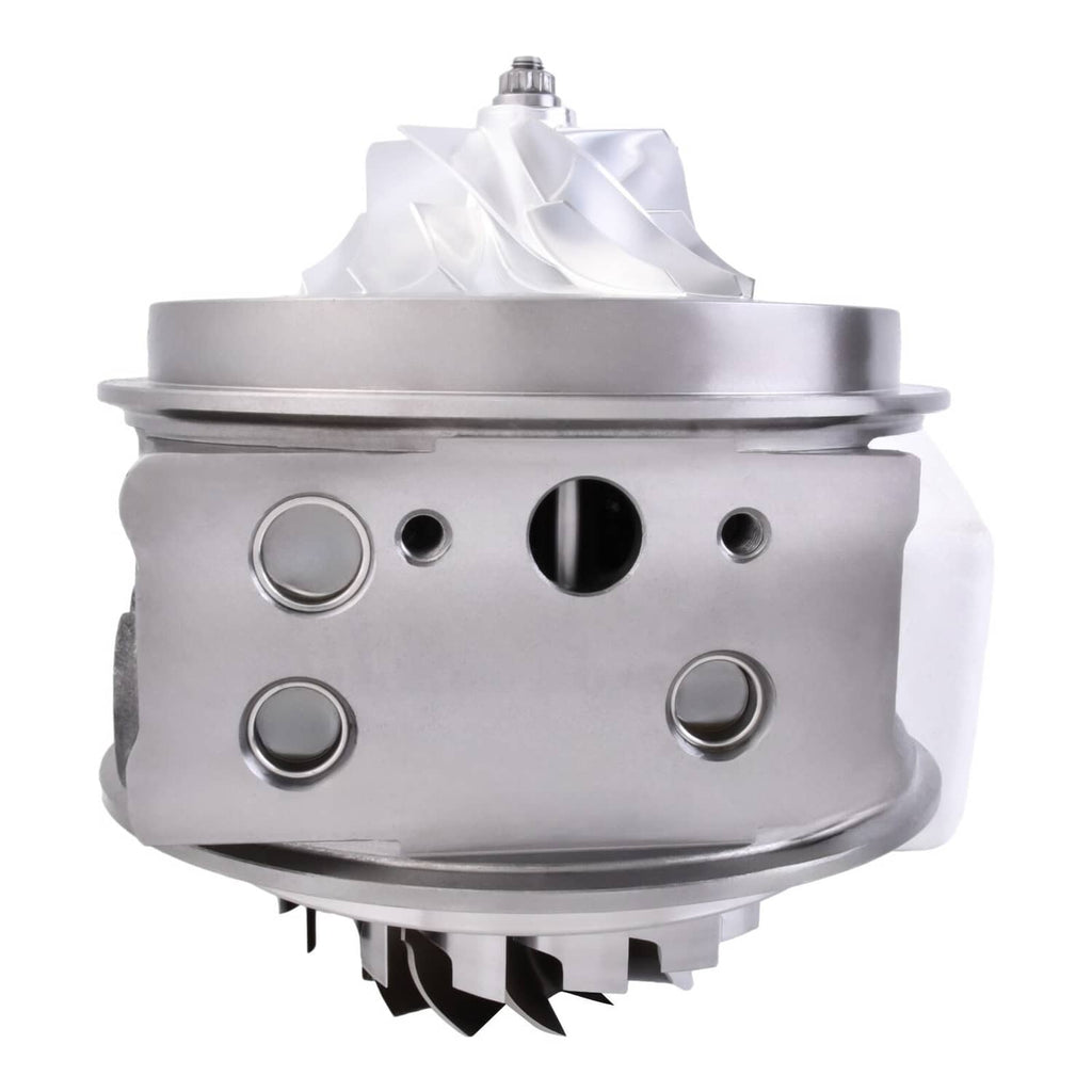 Turbo cartridge for turbocharger, silver metal housing with inlet ports and black fins
