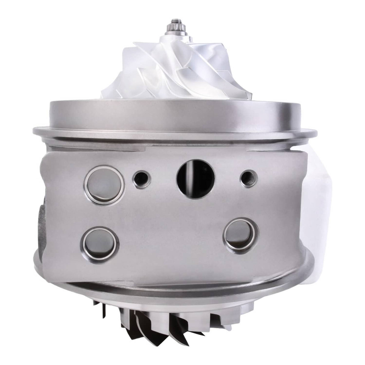 Turbo cartridge for turbocharger, silver metal housing with inlet ports and black fins